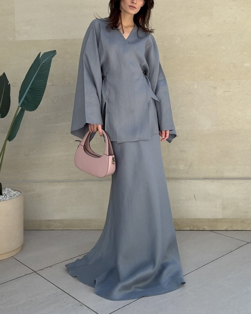 Ensemble jupe longue et tunique coton. Style élégant, coupe fluide.  Parfait pour occasions spéciales.