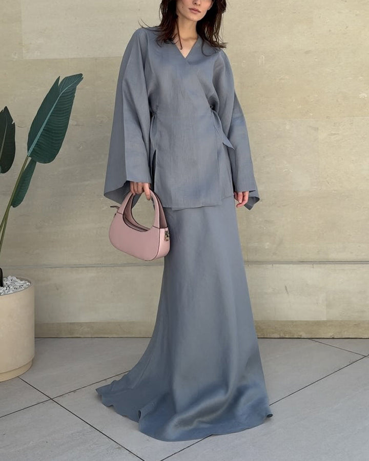 Ensemble jupe longue et tunique coton. Style élégant, coupe fluide.  Parfait pour occasions spéciales.