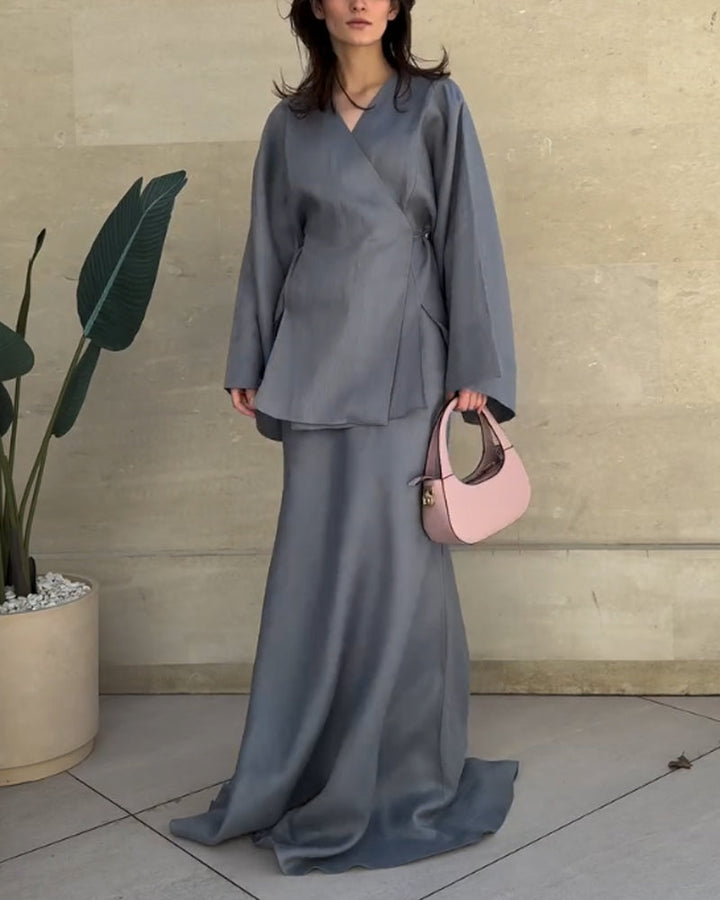 Ensemble jupe longue et tunique coton. Style élégant, coupe fluide.  Parfait pour occasions spéciales.