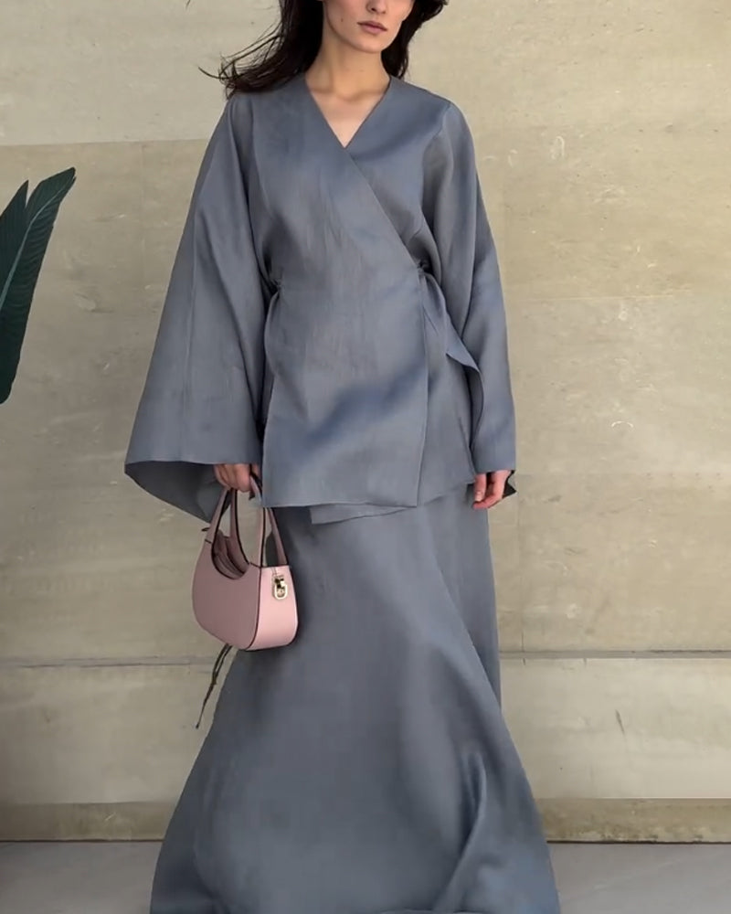 Ensemble jupe longue et tunique coton. Style élégant, coupe fluide.  Parfait pour occasions spéciales.