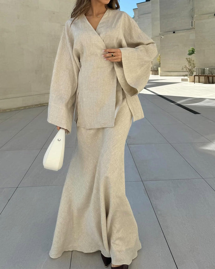 Ensemble jupe longue et tunique coton. Style élégant, coupe fluide.  Parfait pour occasions spéciales.