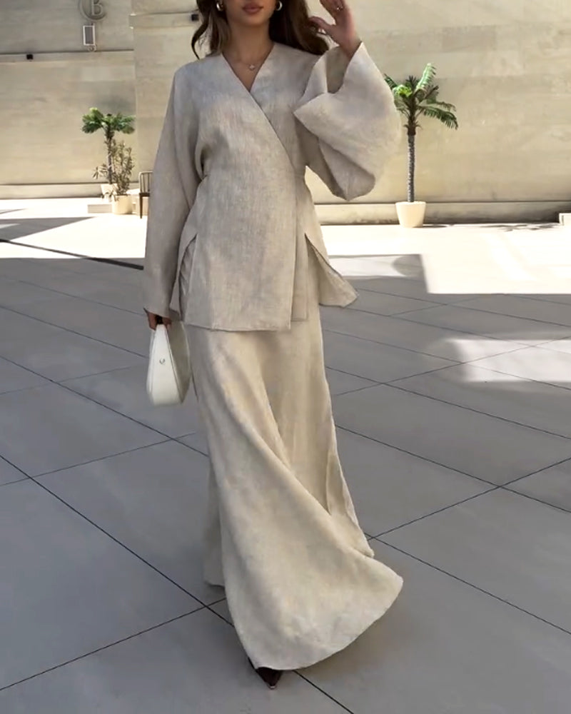 Ensemble jupe longue et tunique coton. Style élégant, coupe fluide.  Parfait pour occasions spéciales.