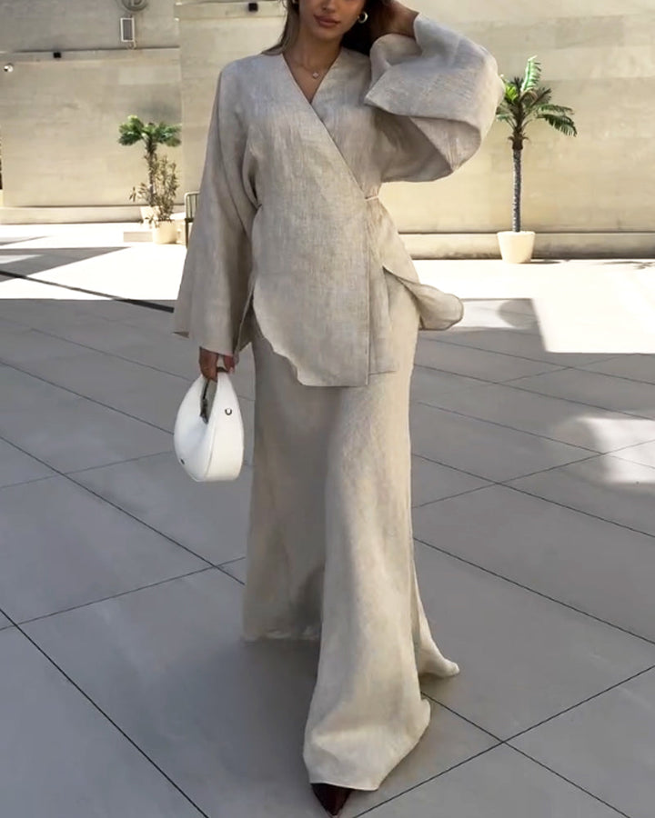 Ensemble jupe longue et tunique coton. Style élégant, coupe fluide.  Parfait pour occasions spéciales.