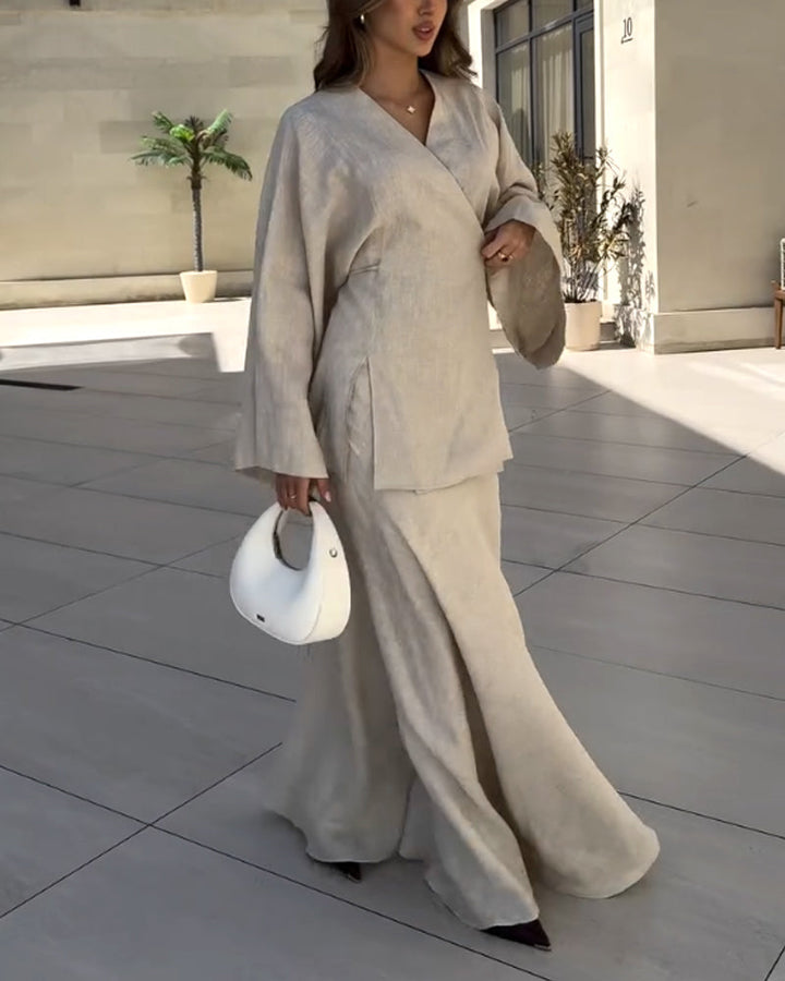 Ensemble jupe longue et tunique coton. Style élégant, coupe fluide.  Parfait pour occasions spéciales.