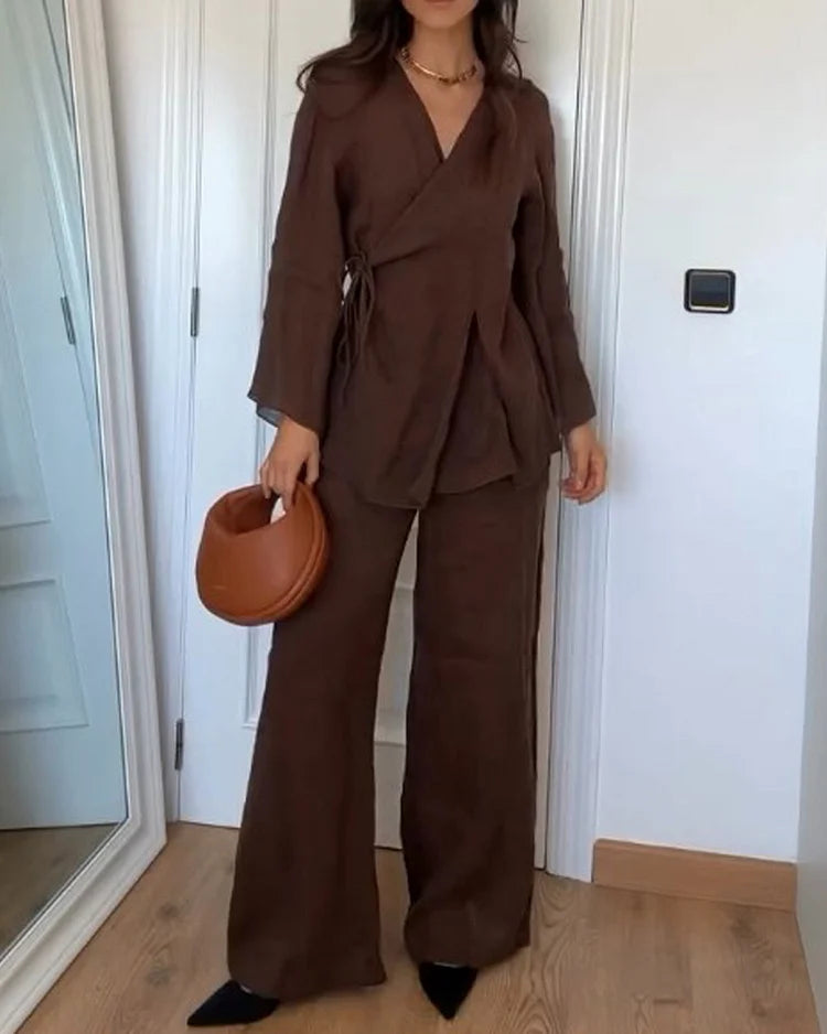 Ensemble kimono lin 2 pièces: veste et pantalon fluide, coupe élégante et chic.