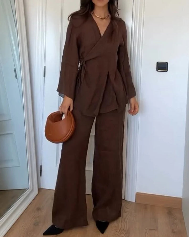 Ensemble kimono lin 2 pièces: veste et pantalon fluide, coupe élégante et chic.