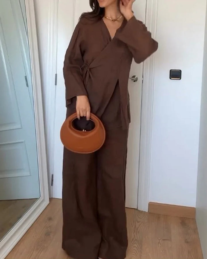Ensemble kimono lin 2 pièces: veste et pantalon fluide, coupe élégante et chic.