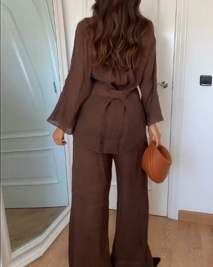 Ensemble kimono lin 2 pièces: veste et pantalon fluide, coupe élégante et chic.