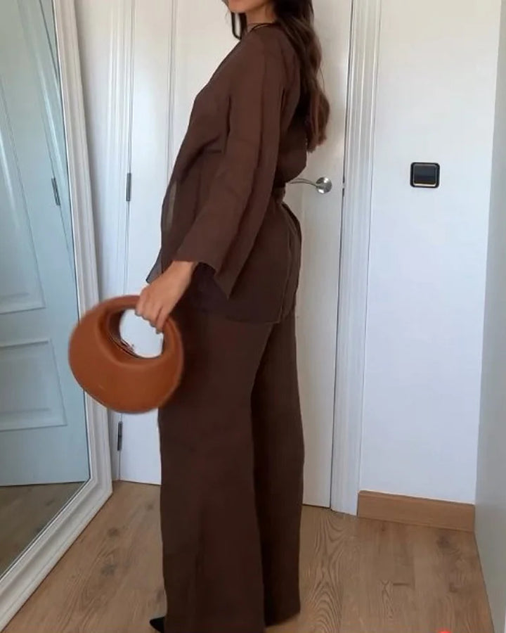 Ensemble kimono lin 2 pièces: veste et pantalon fluide, coupe élégante et chic.