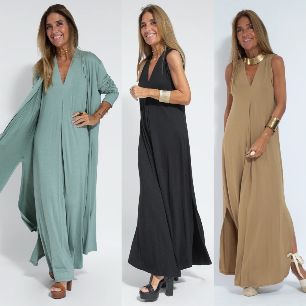 Ensemble élégant femme : robe longue fluide et veste chic pour soirée printanière.