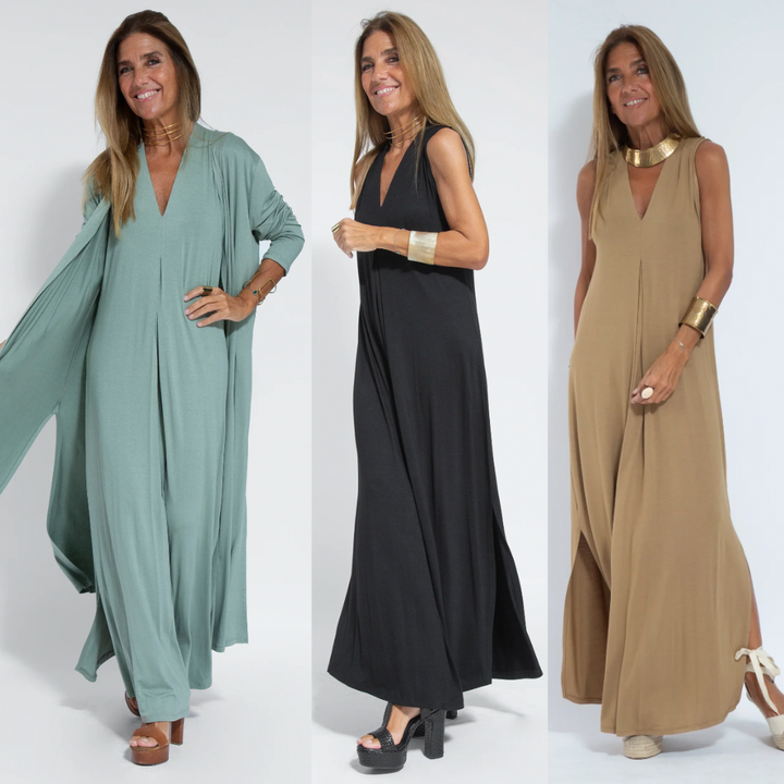 Ensemble élégant femme : robe longue fluide et veste chic pour soirée printanière.