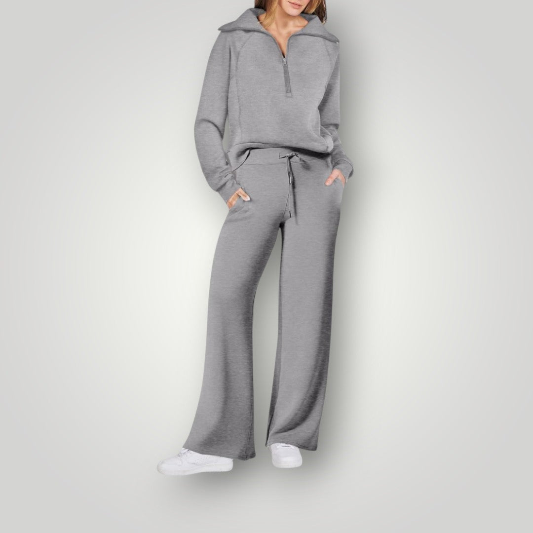 Ensemble loungewear femme doux, sweat et pantalon confortables pour la détente et le style décontracté.