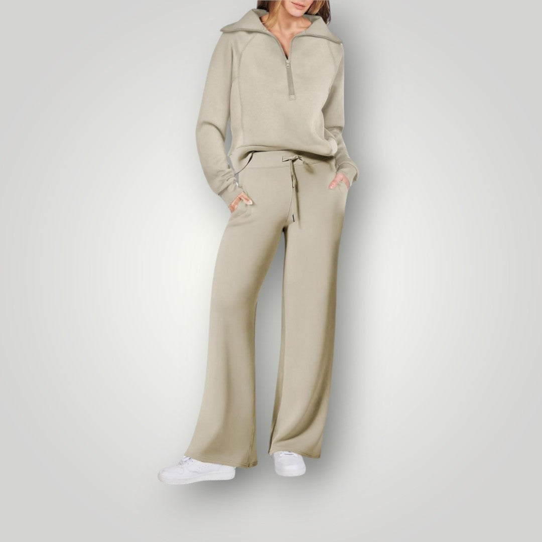 Tenue décontractée femme : ensemble sweat à capuche et pantalon doux, idéal pour le confort et le style quotidien.