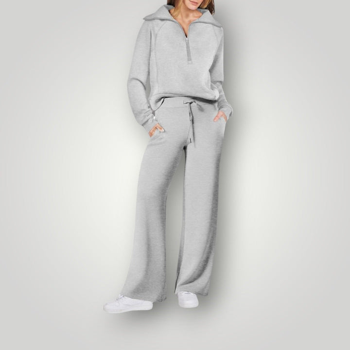 Set loungewear femme doux, comprenant un sweat et un pantalon jogging, pour un confort optimal au quotidien.