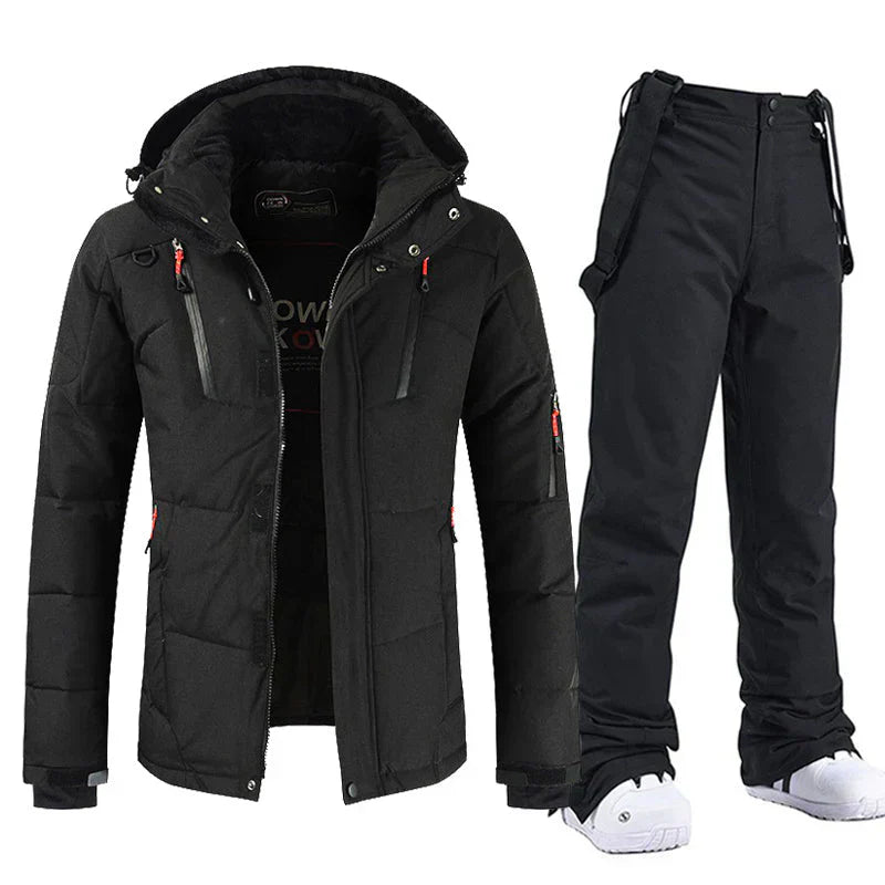 "Ensemble ski homme imperméable, veste bleu e pantalon noir coupe-vent, parfait pour activités extérieures hivernales"