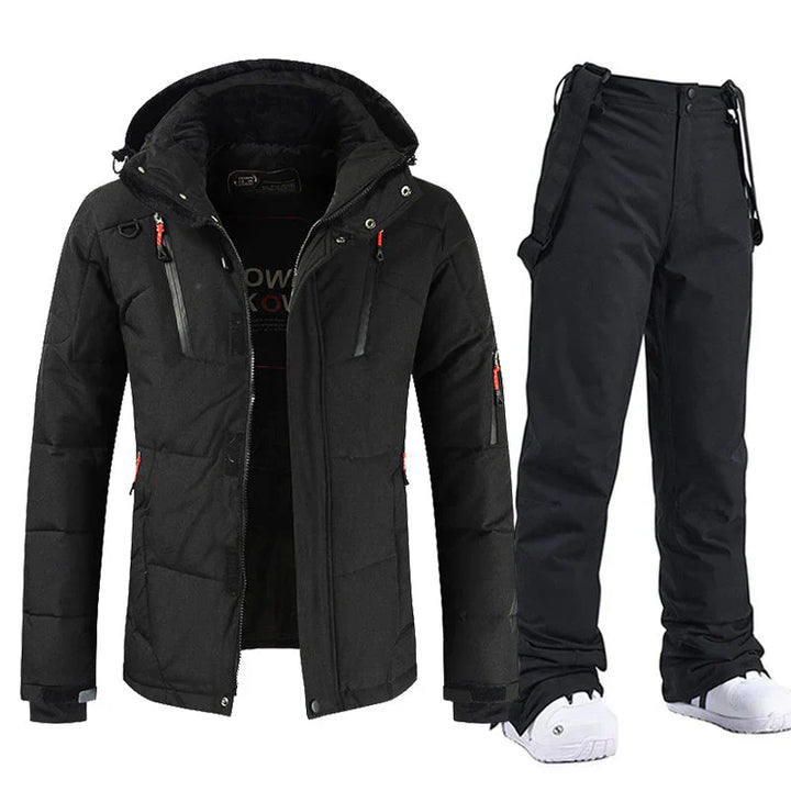 "Ensemble ski homme imperméable, veste bleu e pantalon noir coupe-vent, parfait pour activités extérieures hivernales"