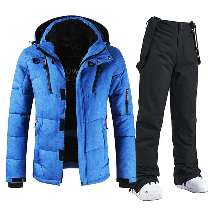 "Ensemble ski homme imperméable, veste bleu e pantalon noir coupe-vent, parfait pour activités extérieures hivernales"