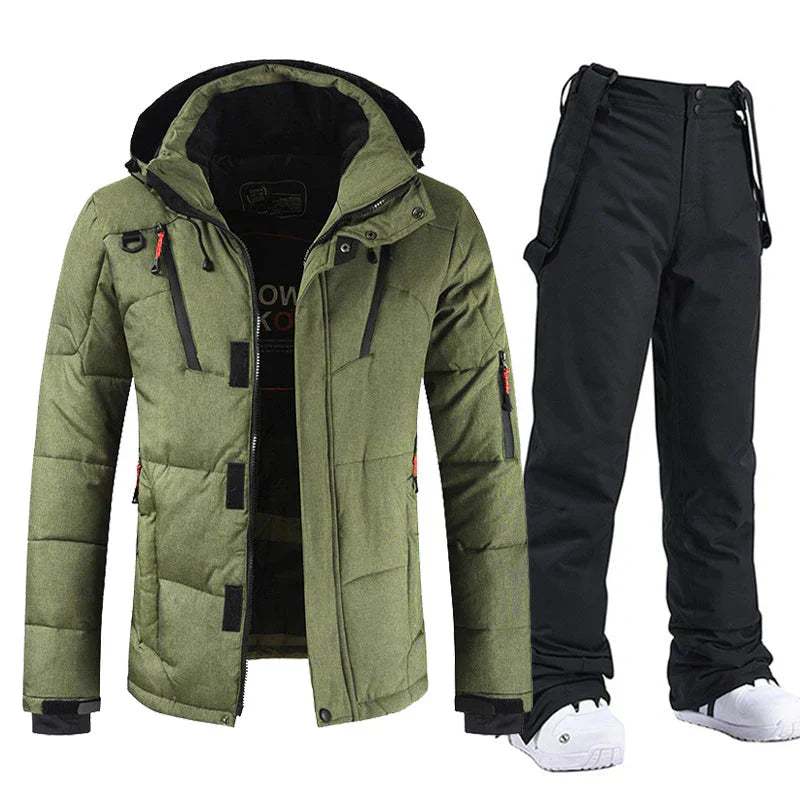 "Ensemble ski homme imperméable, veste bleu e pantalon noir coupe-vent, parfait pour activités extérieures hivernales"