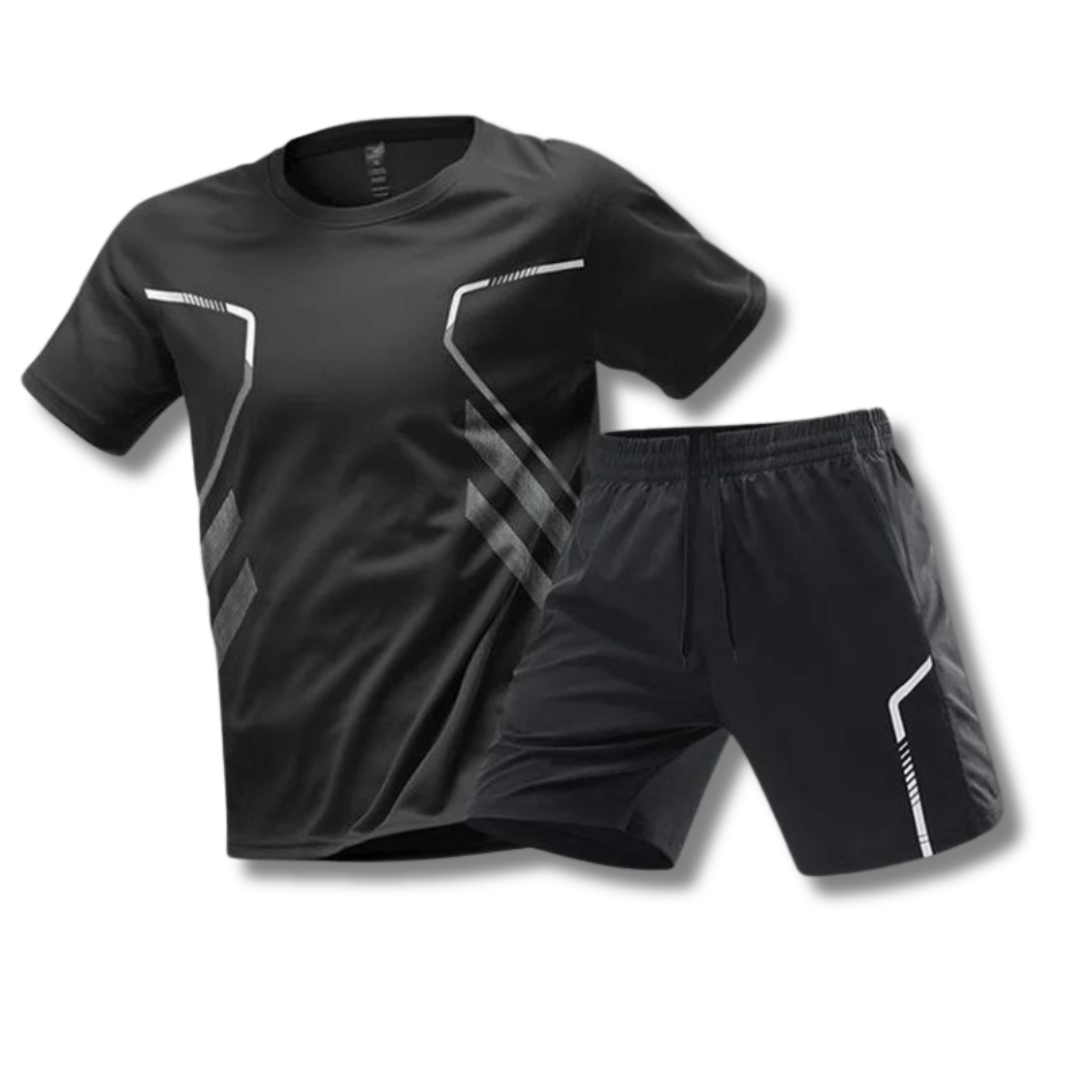 Ensemble sportif homme respirant pour padel, tennis ou course en été. T-shirt athlétique et short confort.