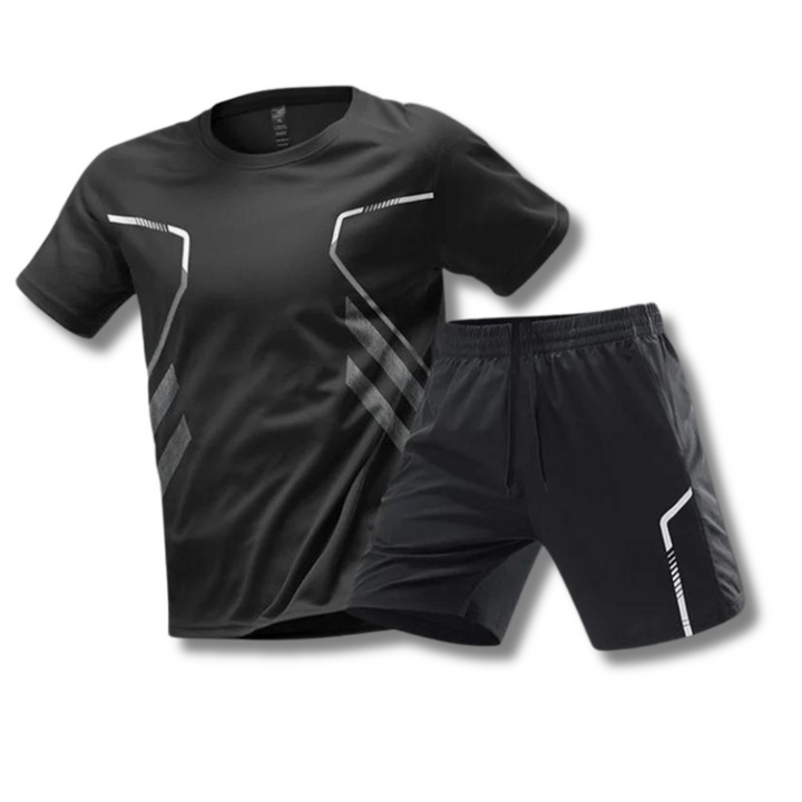 Ensemble sportif homme respirant pour padel, tennis ou course en été. T-shirt athlétique et short confort.