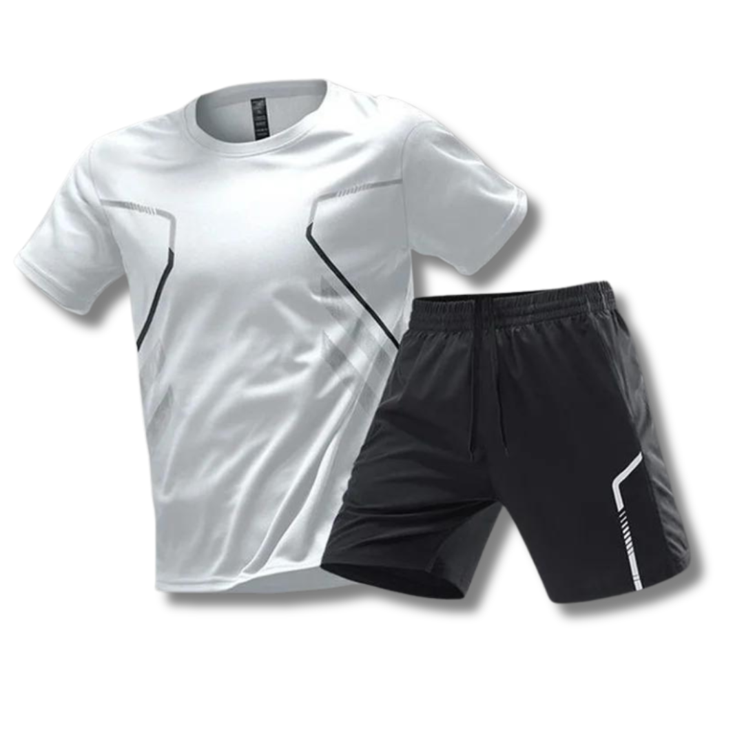 Tenue de sport homme élégante : t-shirt athlétique et short pour entraînement padel/tennis estival.