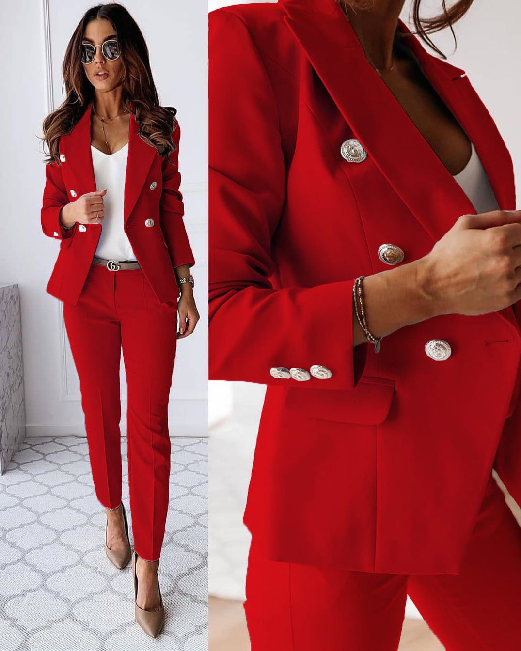 Blazer ajusté couleur unie avec pantalon assorti pour femme, un ensemble féminin et sophistiqué. Tenue bureau chic.
