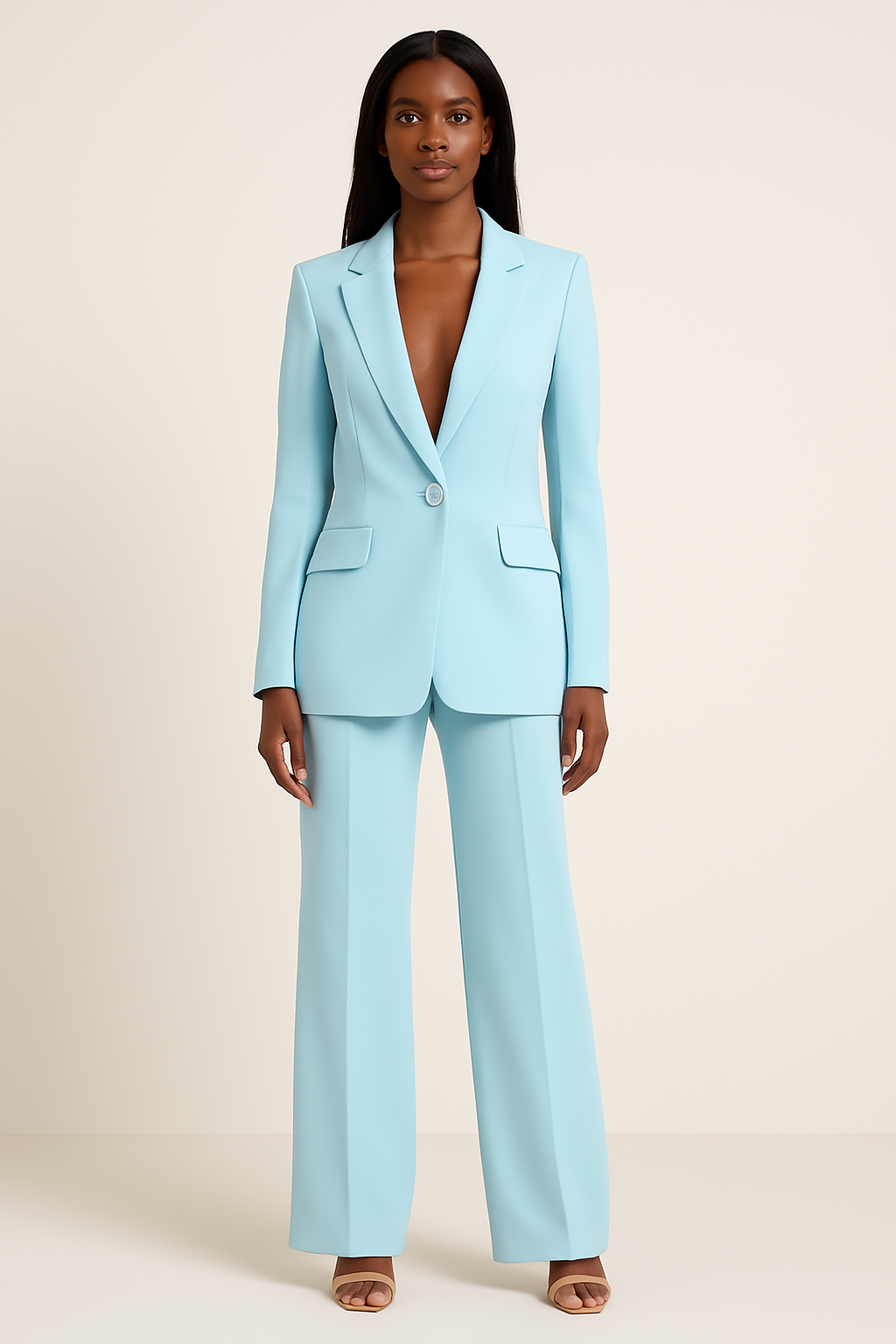 Ensemble tailleur pantalon femme élégant, coupe moderne, pantalon large, veste cintrée.