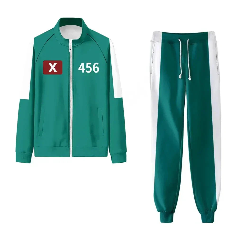 Ensemble unisexe Squid Game, veste zippée verte et pantalon avec rayures blanches, idéal pour cosplay ou styles quotidiens.