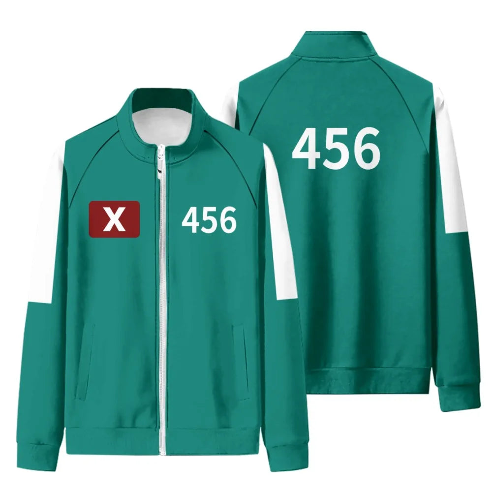 Ensemble unisexe Squid Game, veste zippée verte et pantalon avec rayures blanches, idéal pour cosplay ou styles quotidiens.