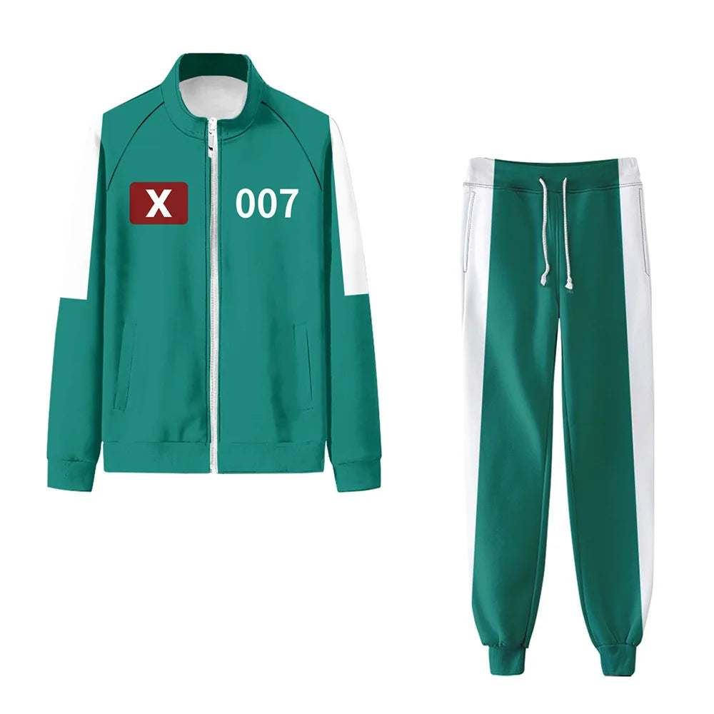 Ensemble unisexe Squid Game, veste zippée verte et pantalon avec rayures blanches, idéal pour cosplay ou styles quotidiens.