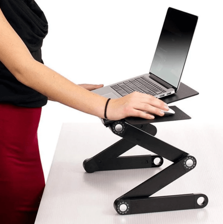 Ergonomic laptop stand, 360° adjustable, improves posture & comfort.  Lightweight, foldable design with ventilation.