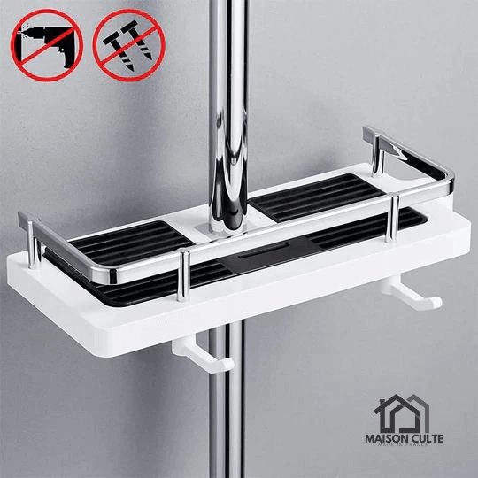Étagère de douche moderne sans trous, vue de face. Design élégant et épuré, idéale pour rangement sans perçage.