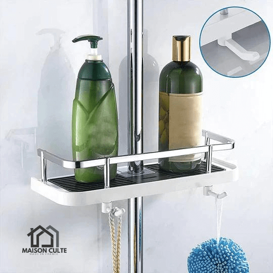 Étagère de douche moderne sans trous, vue de face. Design élégant et épuré, idéale pour rangement sans perçage.