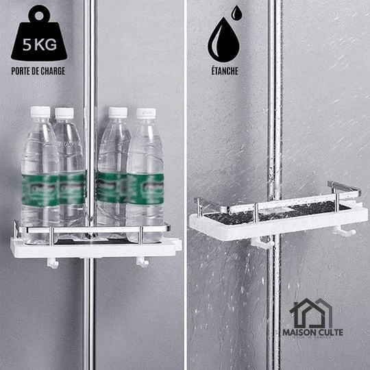 Étagère de douche moderne sans trous, vue de face. Design élégant et épuré, idéale pour rangement sans perçage.