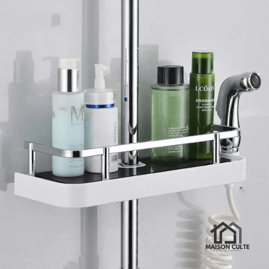 Étagère de douche moderne sans trous, vue de face. Design élégant et épuré, idéale pour rangement sans perçage.