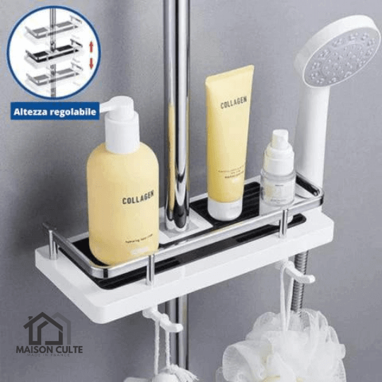 Étagère de douche moderne sans trous, vue de face. Design élégant et épuré, idéale pour rangement sans perçage.