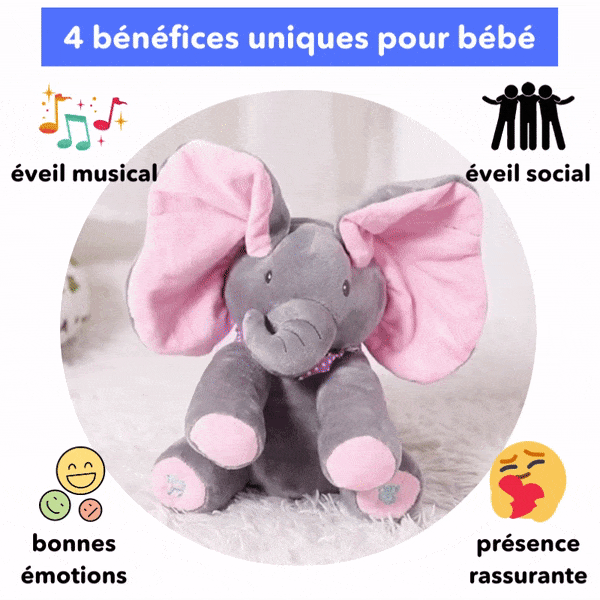 Doudou éléphant Bibou musical et interactif, idéal pour rassurer et stimuler les sens de bébé.
