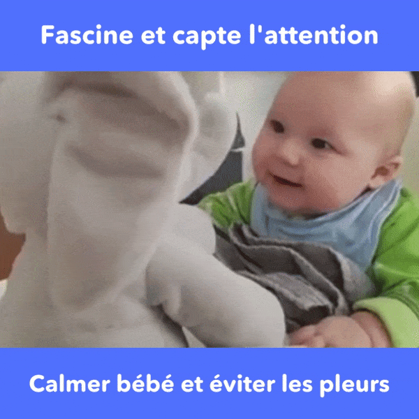 Jouet peluche éléphant Bibou pour bébé, avec fonctions musicales et interactives pour l'éveil sensoriel.