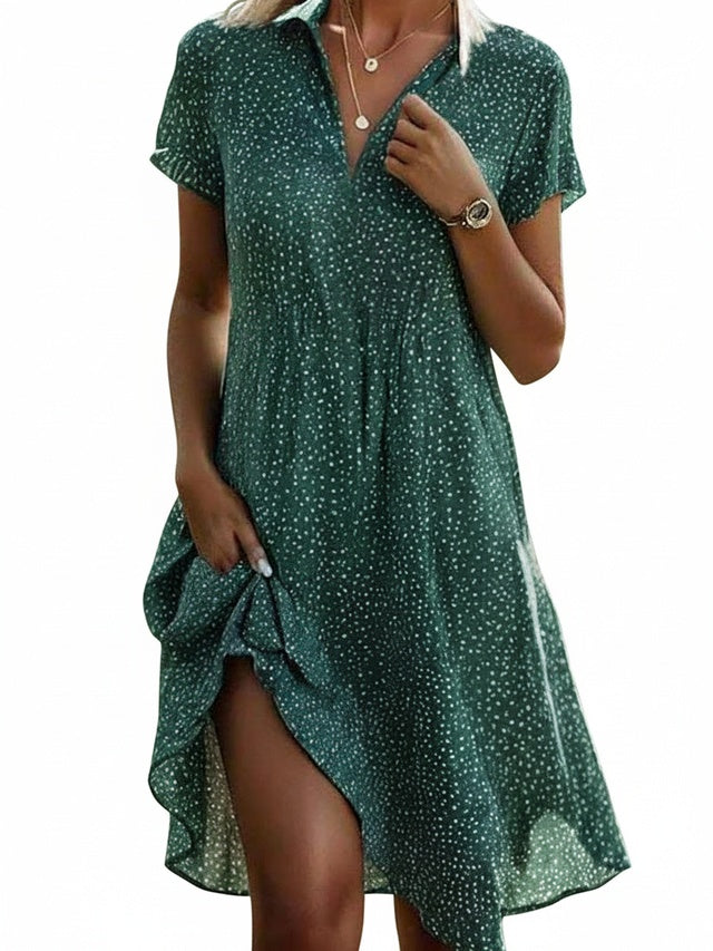 Robe chemise midi femme à pois, col V, boutonnée. Robe élégante décontractée pour l'été ou le bureau.