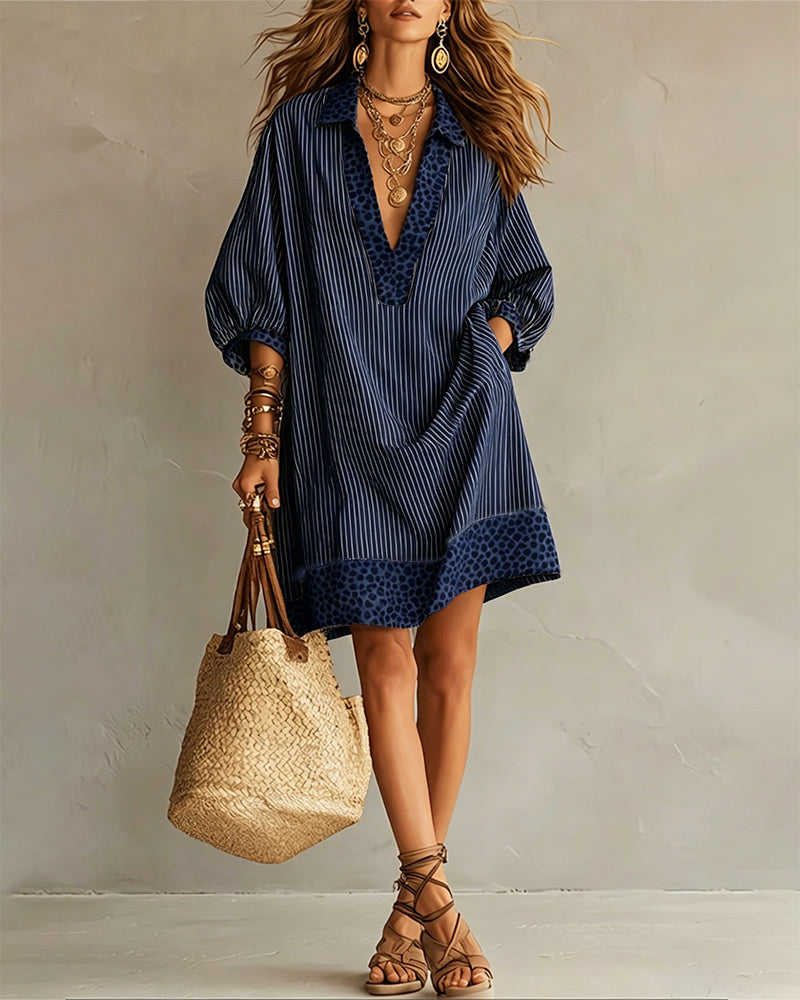 Robe chemisier fluide, motif léopard et rayures, manches bouffantes, parfait pour femme en été décontracté.