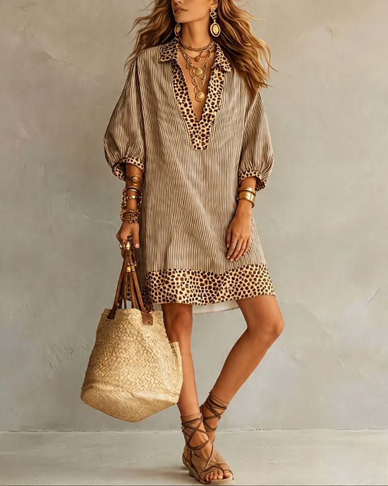 Robe femme fluide avec imprimé léopard et rayures, col chemise, manches bouffantes, pour été décontracté.