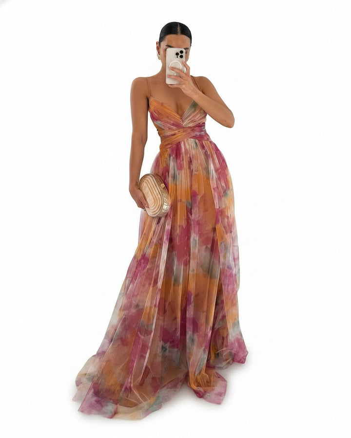 Robe de soirée longue femme, col V, bretelles, imprimé floral A-line. Parfait pour mariage ou bal.