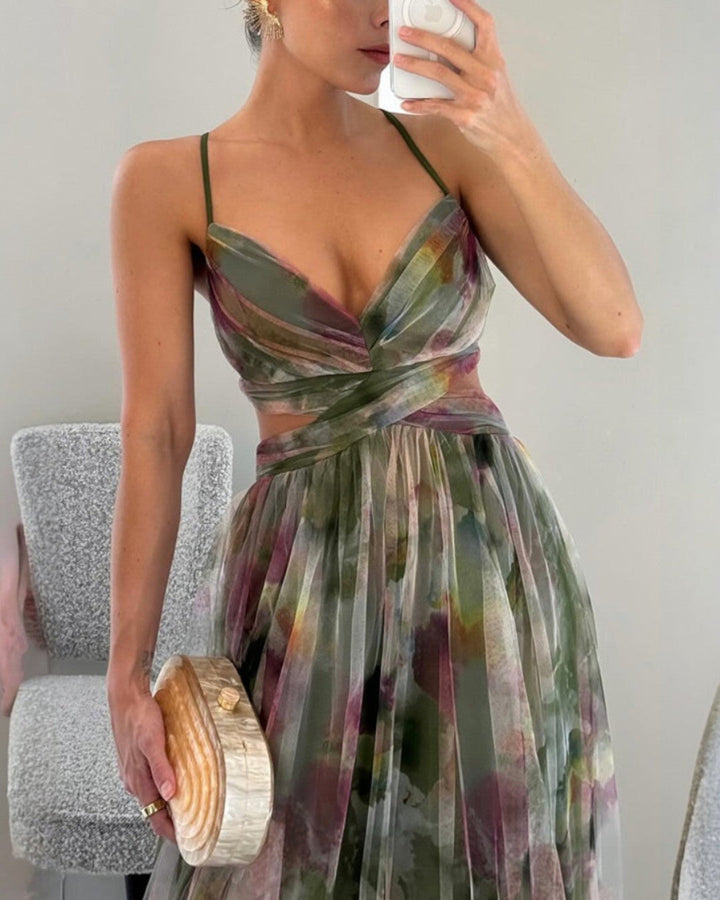 Robe de soirée femme col V, imprimé floral éclatant, coupe longue A-line, parfaite pour les fêtes.
