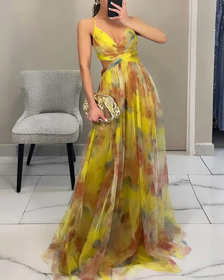 Robe de soirée femme A-line, longue, col V décolleté, imprimé floral coloré, chic et confortable.