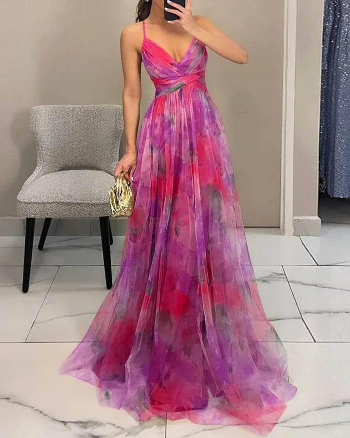 Robe élégante femme, bretelles, col V, motif floral discret, coupe longue A-line, idéale mariage.
