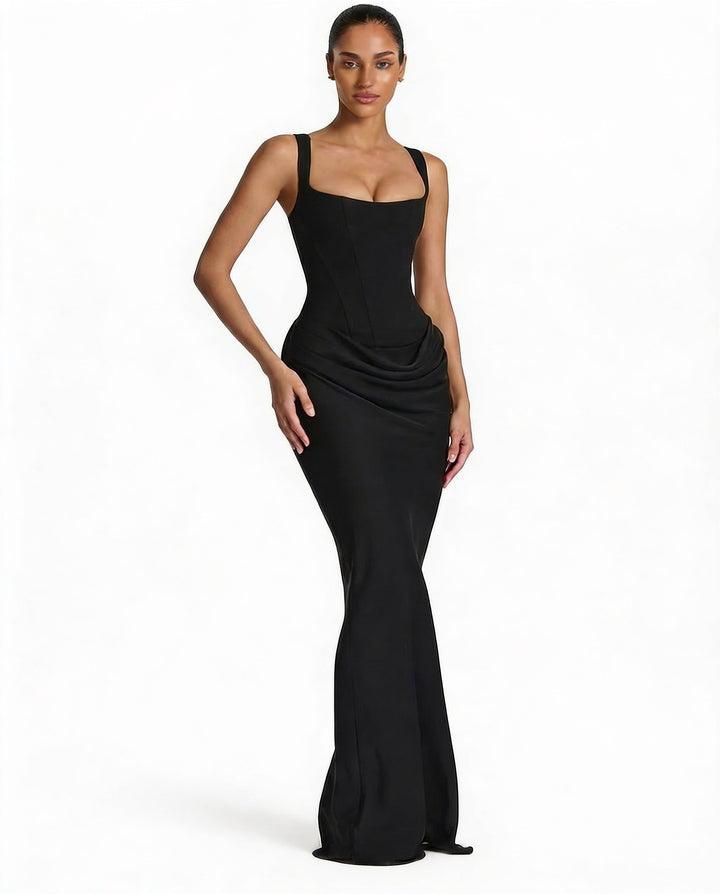 Robe de soirée longue femme moulante, col carré, drapé aux hanches, élégante pour événements spéciaux.
