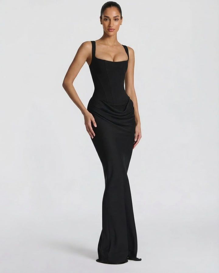 Robe longue moulante style corset, col carré. Robe de soirée élégante avec laçage et drapé pour femme.