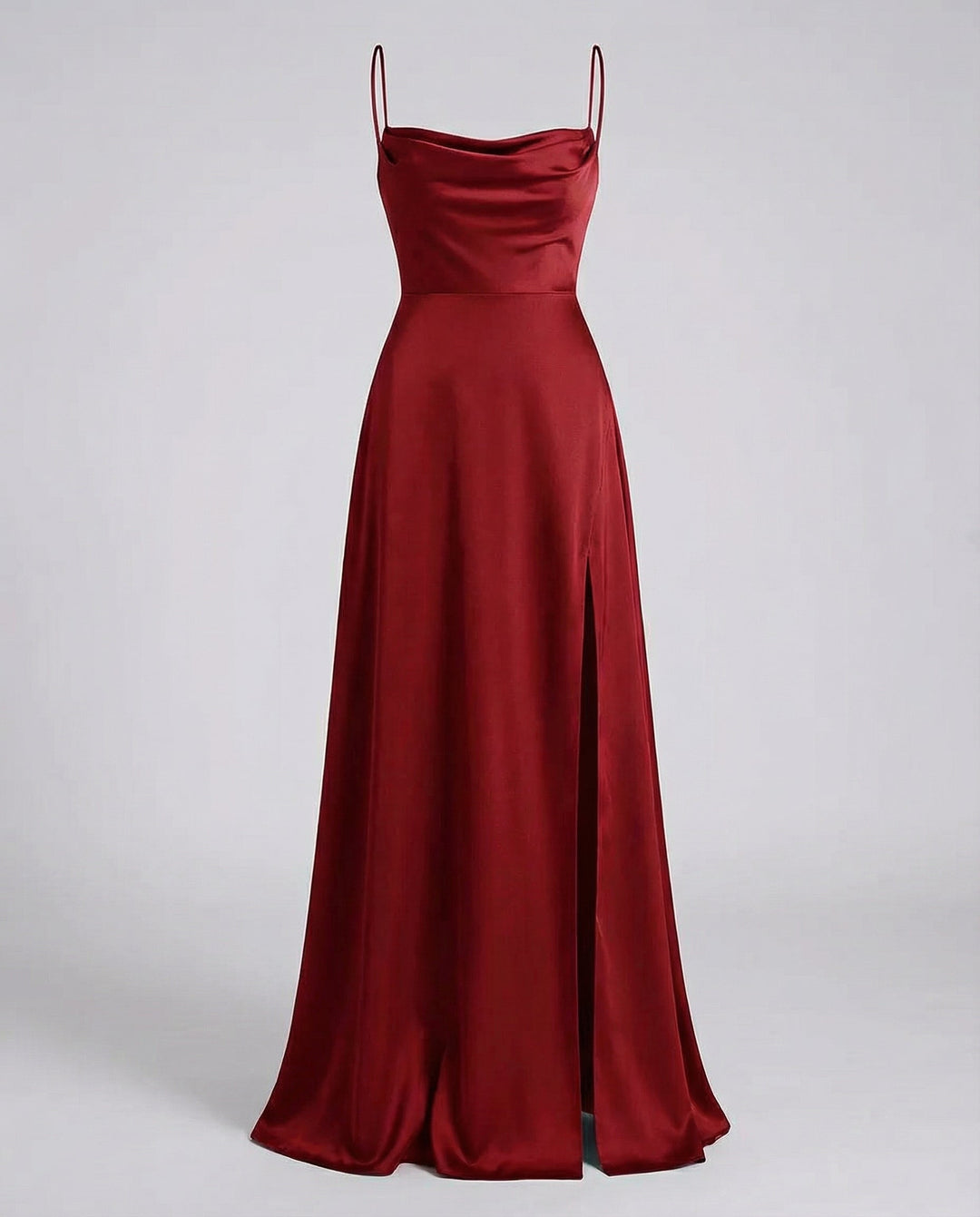 Robe de soirée élégante femme, longue, encolure drapée, fente séduisante et bretelles délicates.