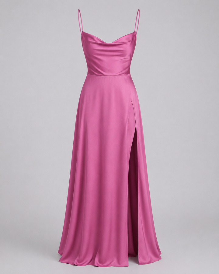 Robe longue femme, chic et moderne, encolure drapée, fente et dos lace, pour événements.
