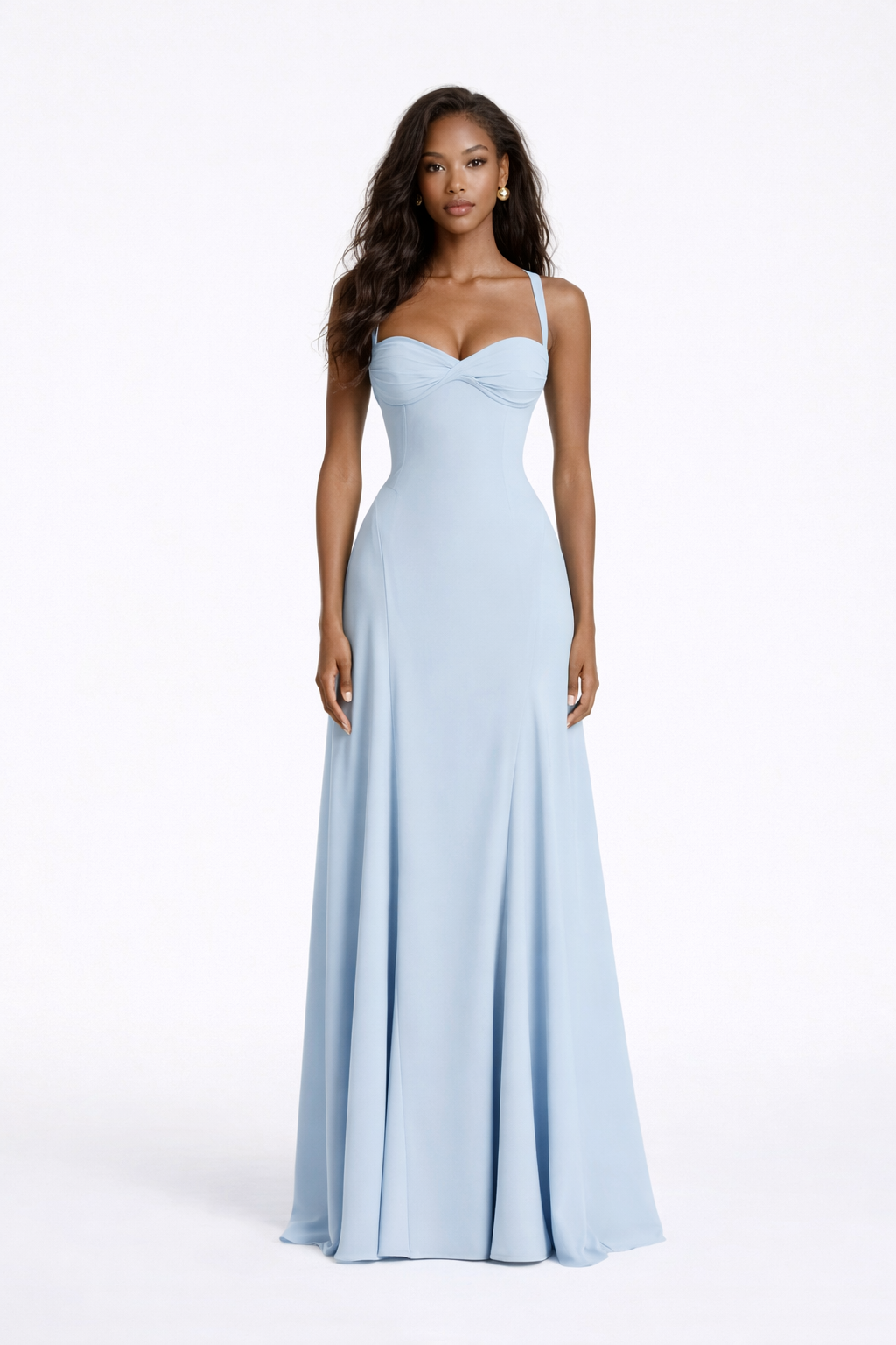 Robe longue de soirée femme A-ligne élégante, bretelles fines, dos corset. Parfaite pour bal ou cérémonie.